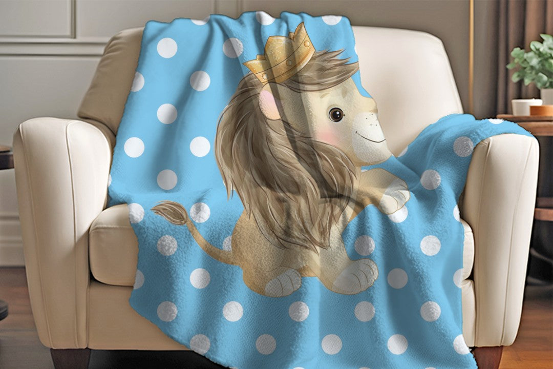 Lion Sherpa Throw Blanket Blue Polka Dot Cute Nursery Design