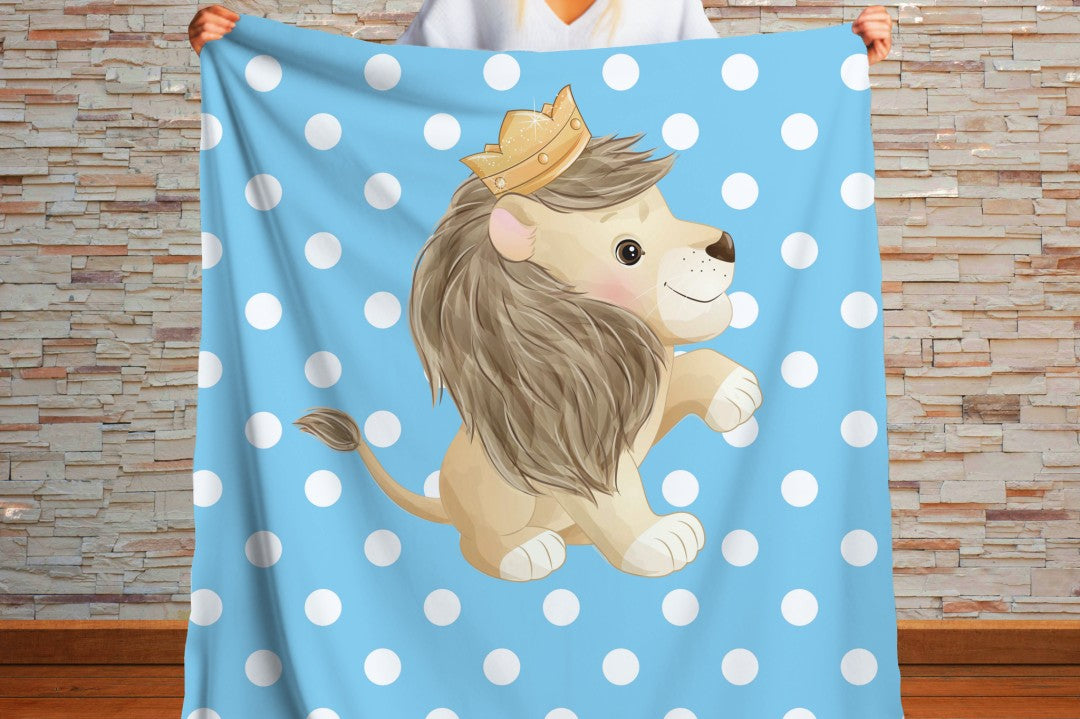 Lion Sherpa Throw Blanket Blue Polka Dot Cute Nursery Design