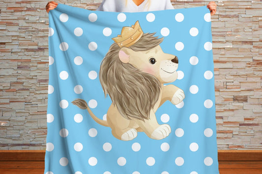 Lion Sherpa Throw Blanket Blue Polka Dot Cute Nursery Design