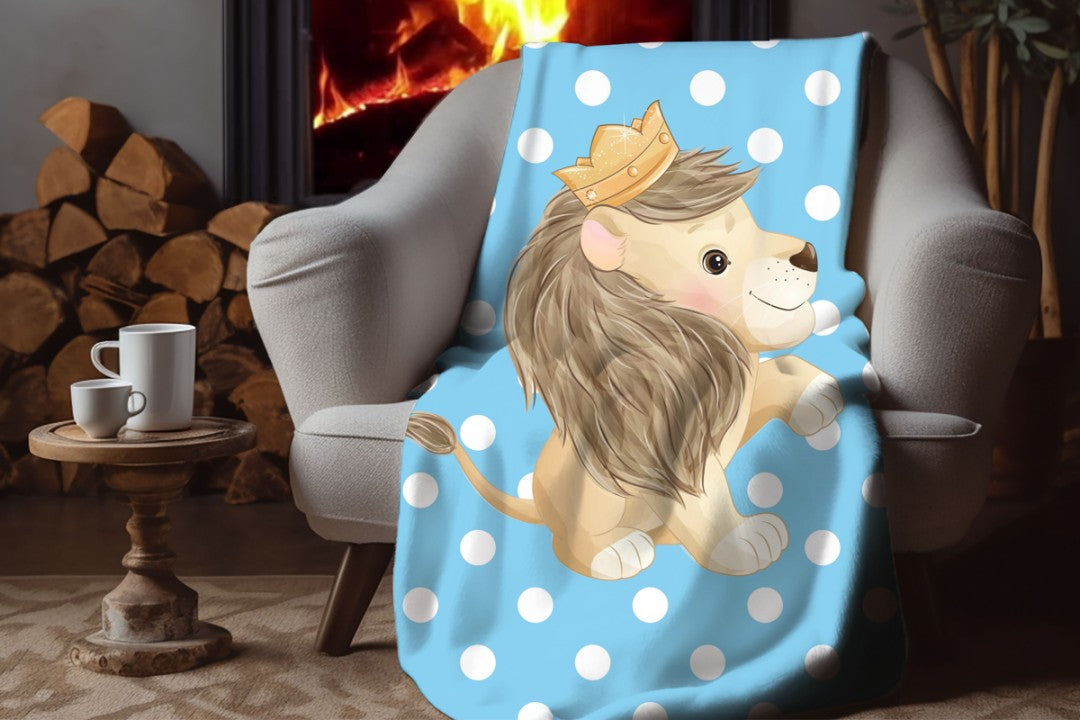 Lion Sherpa Throw Blanket Blue Polka Dot Cute Nursery Design