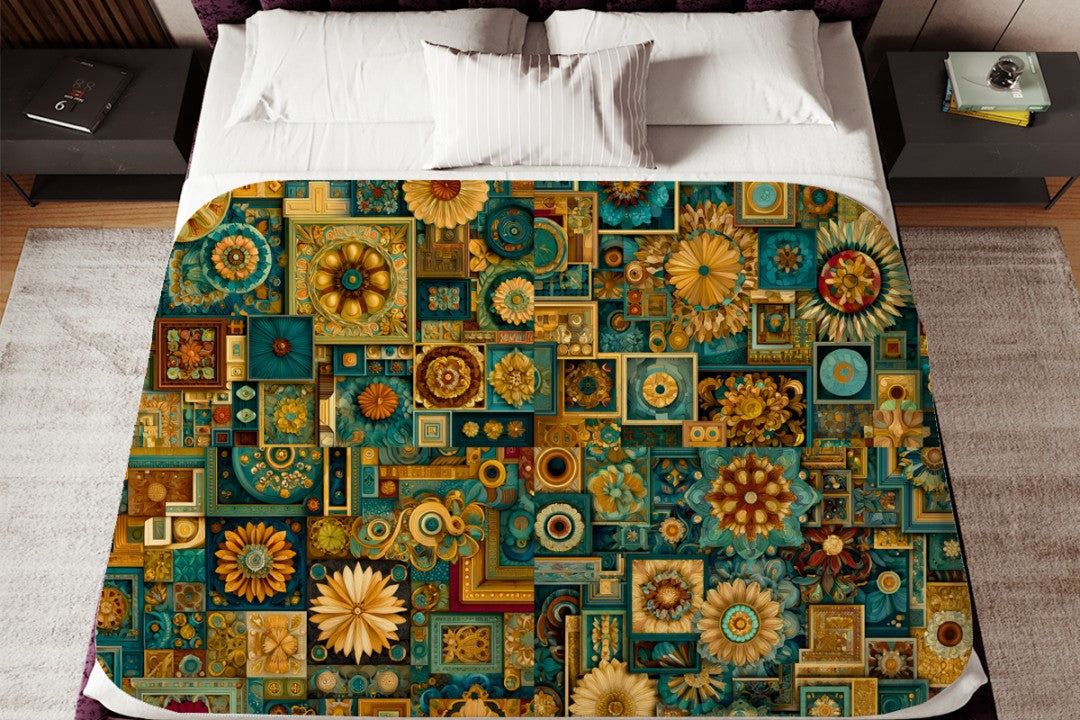 Floral Sherpa Throw Blanket Teal Gold Geometric Artistic Design