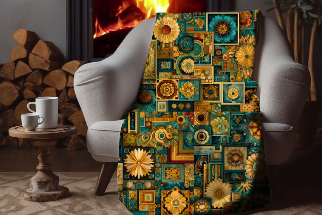 Floral Sherpa Throw Blanket Teal Gold Geometric Artistic Design