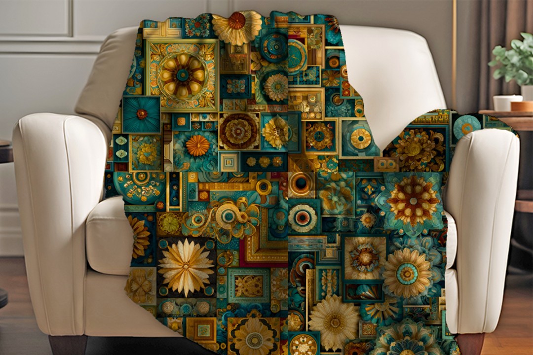 Floral Sherpa Throw Blanket Teal Gold Geometric Artistic Design