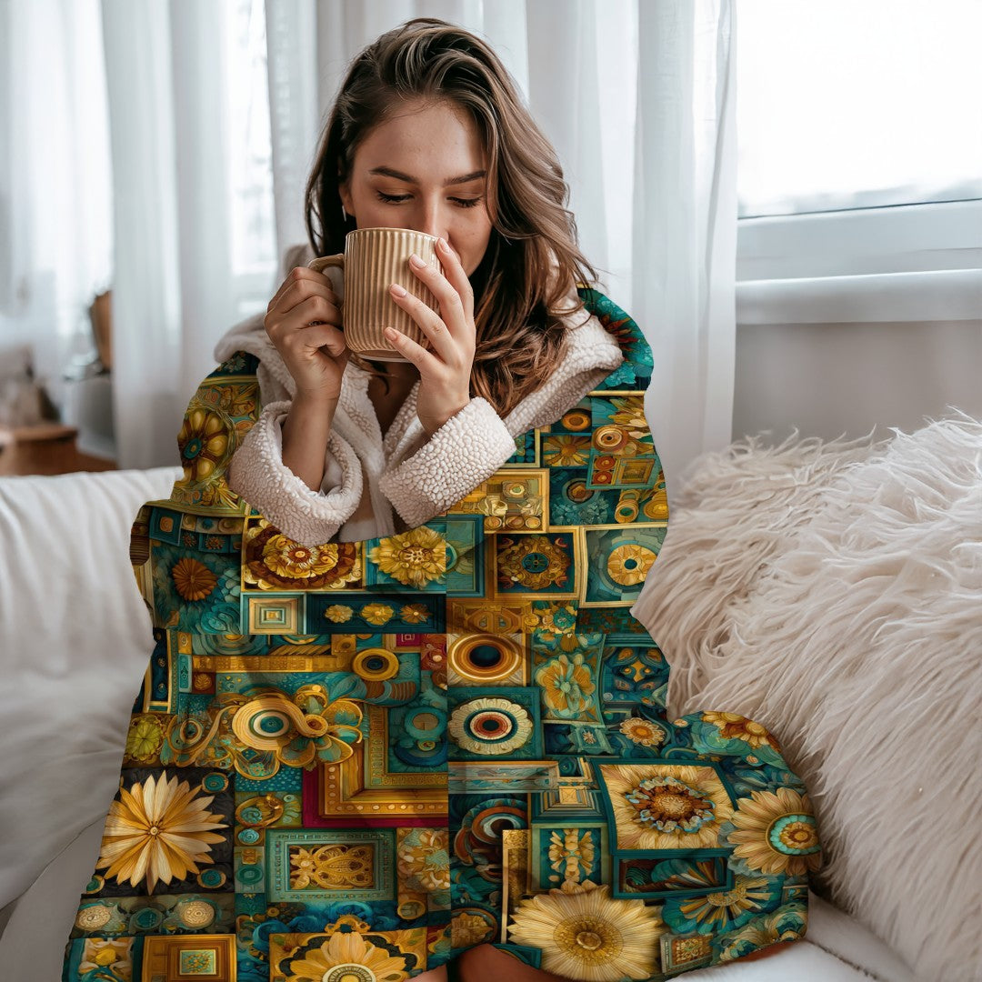 Floral Sherpa Throw Blanket Teal Gold Geometric Artistic Design