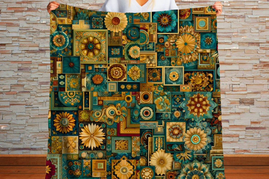 Floral Sherpa Throw Blanket Teal Gold Geometric Artistic Design