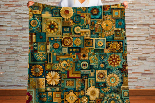 Floral Sherpa Throw Blanket Teal Gold Geometric Artistic Design