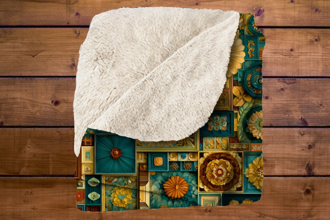 Floral Sherpa Throw Blanket Teal Gold Geometric Artistic Design