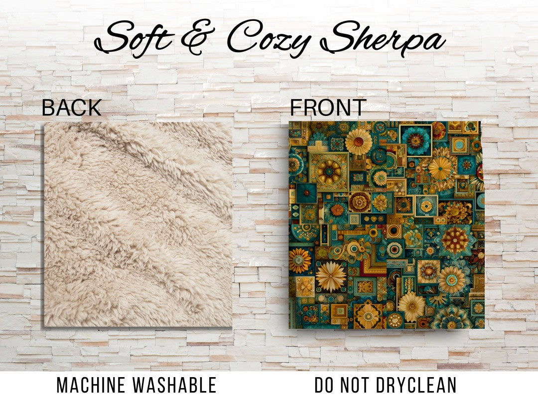 Floral Sherpa Throw Blanket Teal Gold Geometric Artistic Design