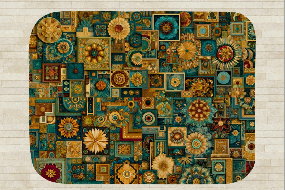 Floral Sherpa Throw Blanket Teal Gold Geometric Artistic Design
