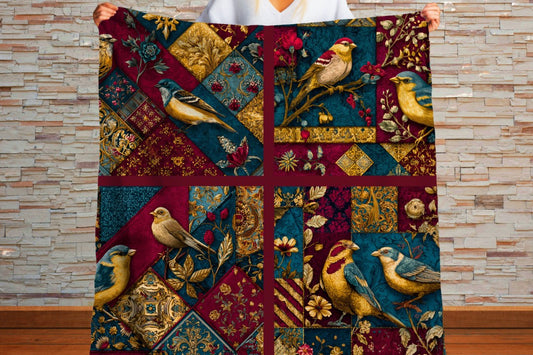 Bird Patchwork Sherpa Throw Blanket Vintage Botanical Art Design