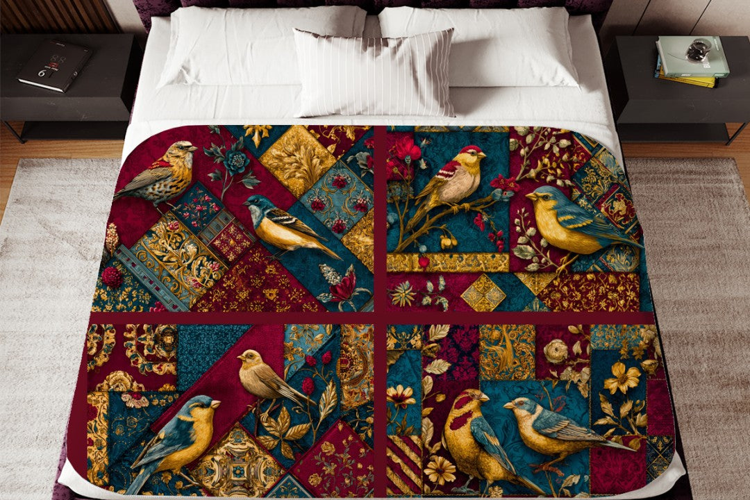 Bird Patchwork Sherpa Throw Blanket Vintage Botanical Art Design