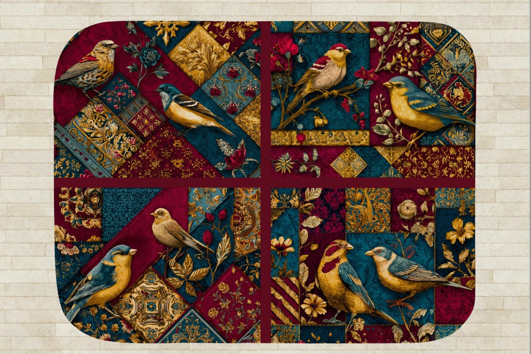 Bird Patchwork Sherpa Throw Blanket Vintage Botanical Art Design