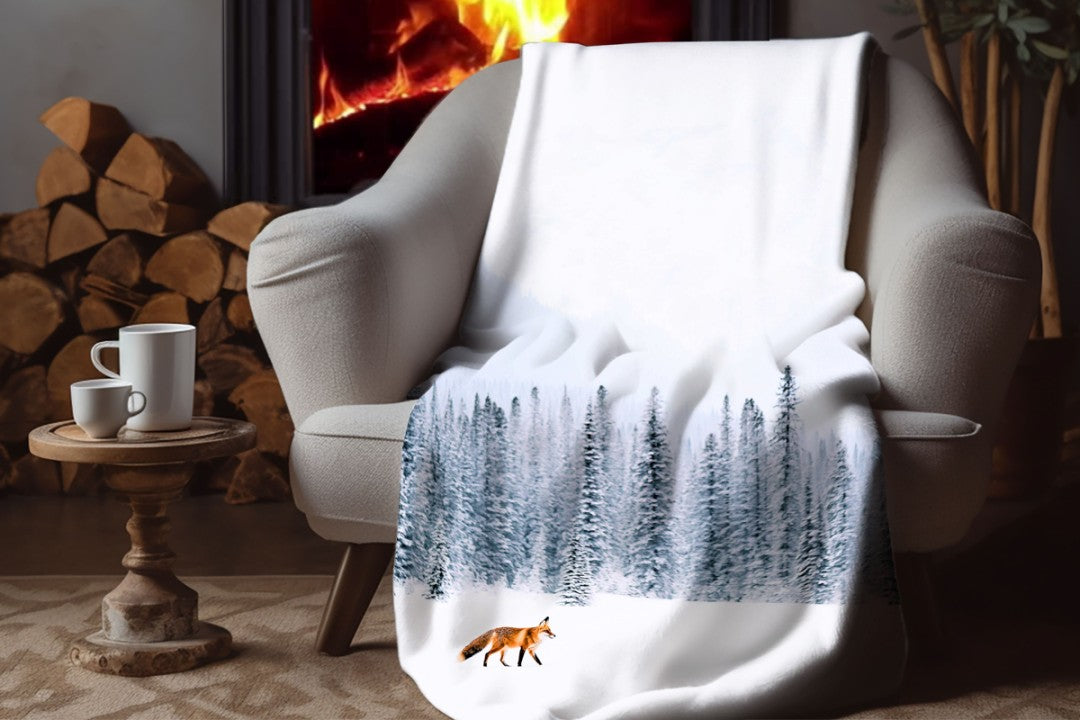 Fox Sherpa Throw Blanket Winter Forest Snowy Landscape Art