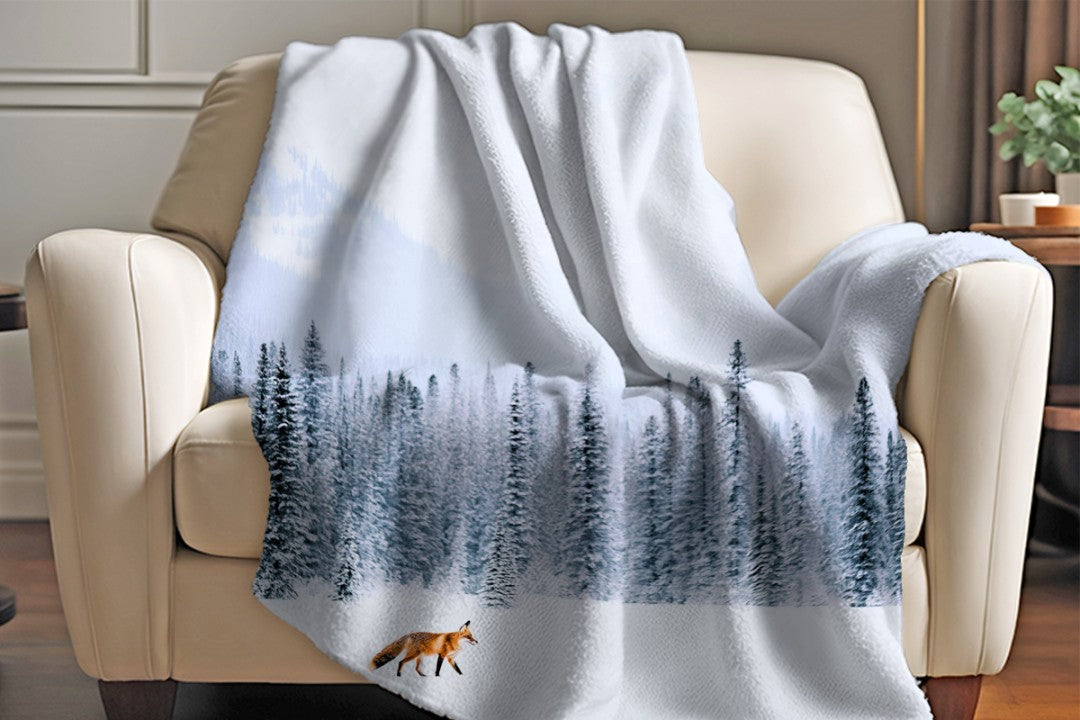 Fox Sherpa Throw Blanket Winter Forest Snowy Landscape Art