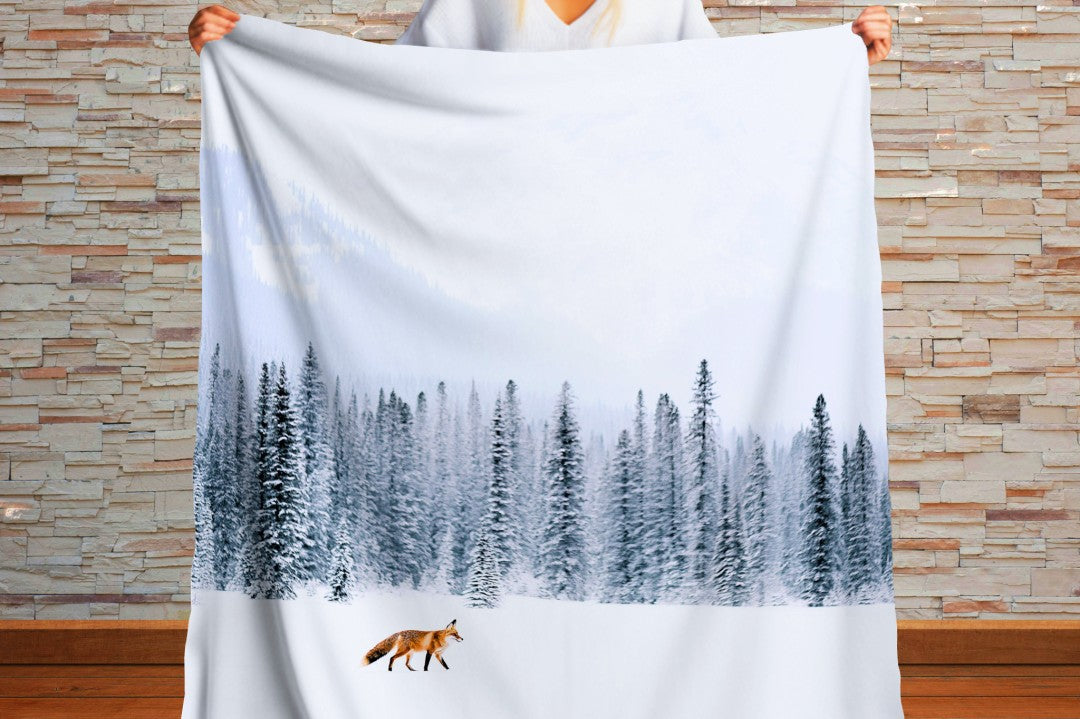 Fox Sherpa Throw Blanket Winter Forest Snowy Landscape Art