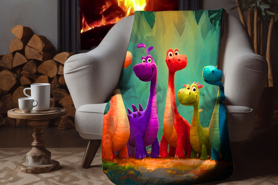 Dinosaur Sherpa Throw Blanket Cute Colorful Forest Storybook Art Description