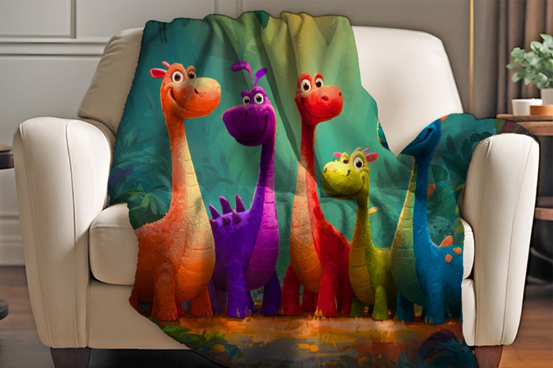 Dinosaur Sherpa Throw Blanket Cute Colorful Forest Storybook Art Description