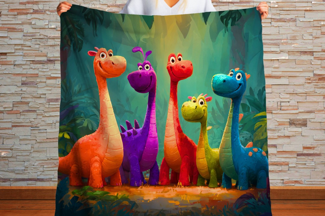 Dinosaur Sherpa Throw Blanket Cute Colorful Forest Storybook Art Description