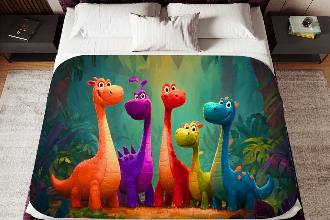 Dinosaur Sherpa Throw Blanket Cute Colorful Forest Storybook Art Description