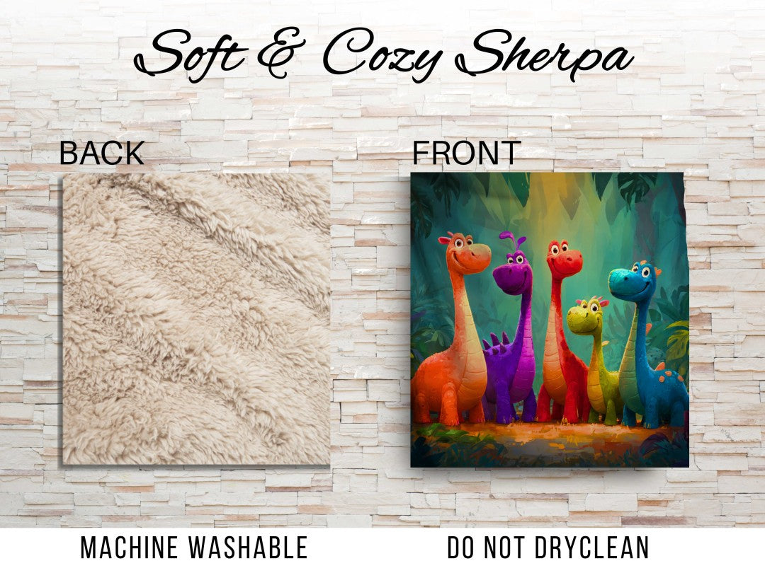 Dinosaur Sherpa Throw Blanket Cute Colorful Forest Storybook Art Description