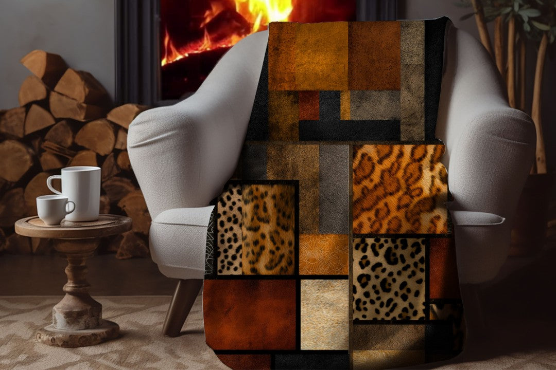 Safari Patchwork Sherpa Throw Blanket Earth Tones