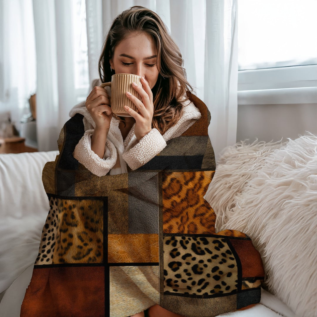 Safari Patchwork Sherpa Throw Blanket Earth Tones
