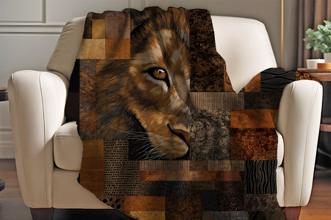 Lion Sherpa Throw Blanket African Safari Patchwork Art