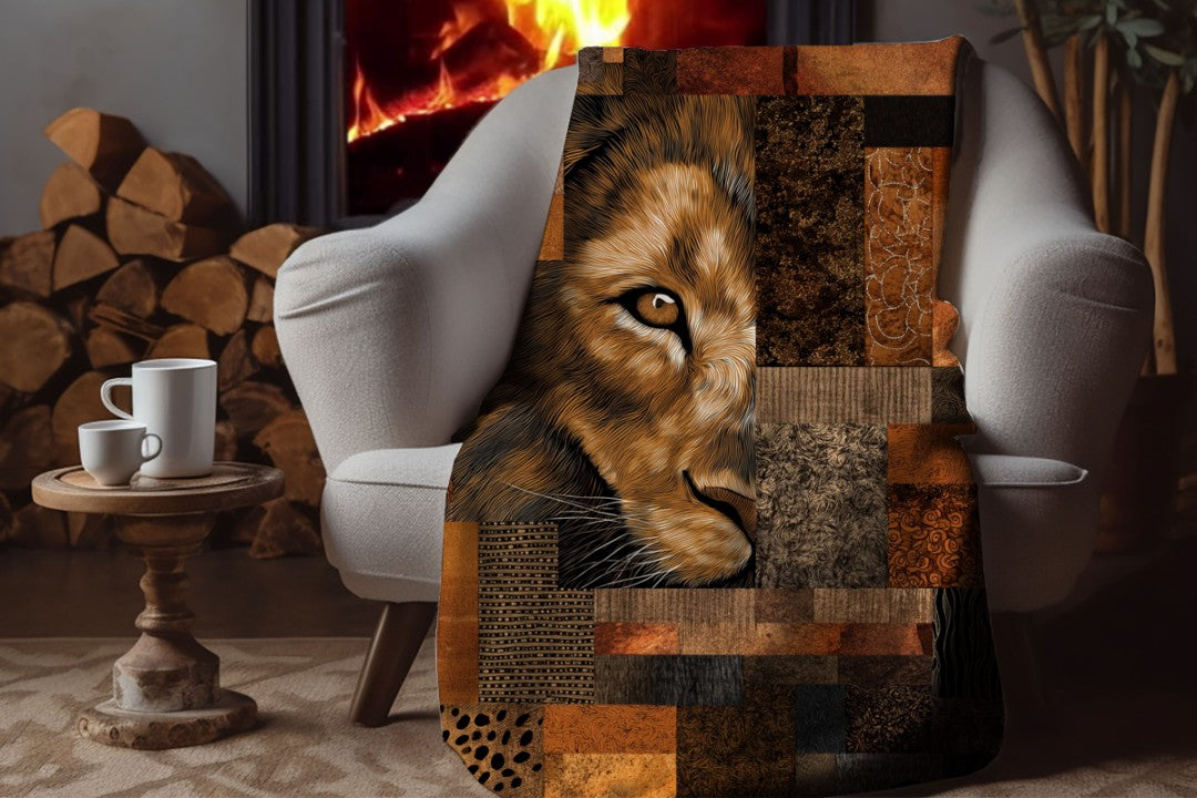 Lion Sherpa Throw Blanket African Safari Patchwork Art