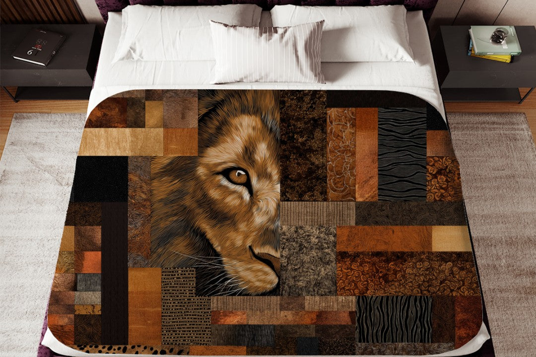 Lion Sherpa Throw Blanket African Safari Patchwork Art