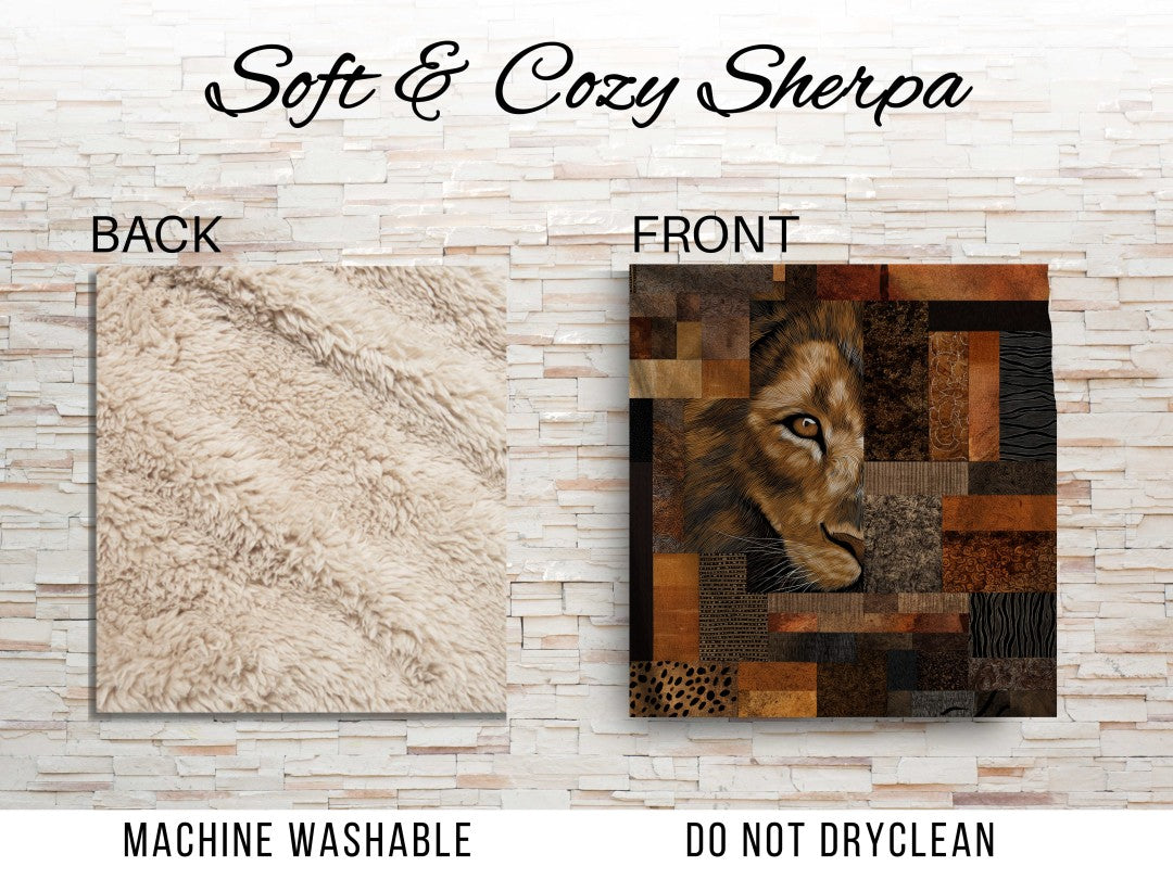 Lion Sherpa Throw Blanket African Safari Patchwork Art
