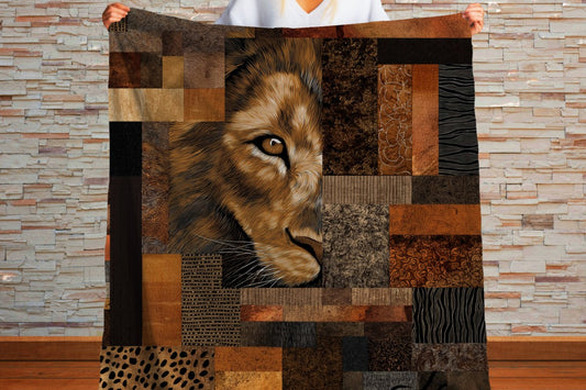 Lion Sherpa Throw Blanket African Safari Patchwork Art