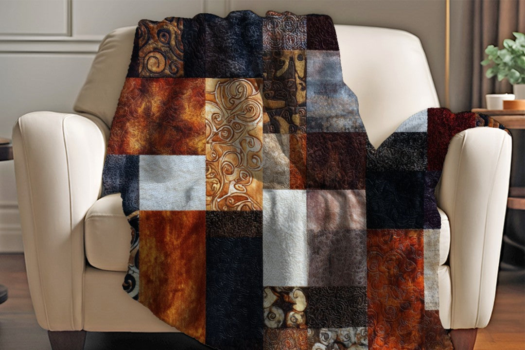 Patchwork Sherpa Throw Blanket Rustic Earth Tone Abstract Design