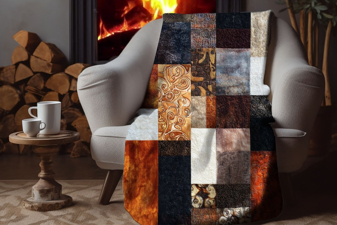 Patchwork Sherpa Throw Blanket Rustic Earth Tone Abstract Design