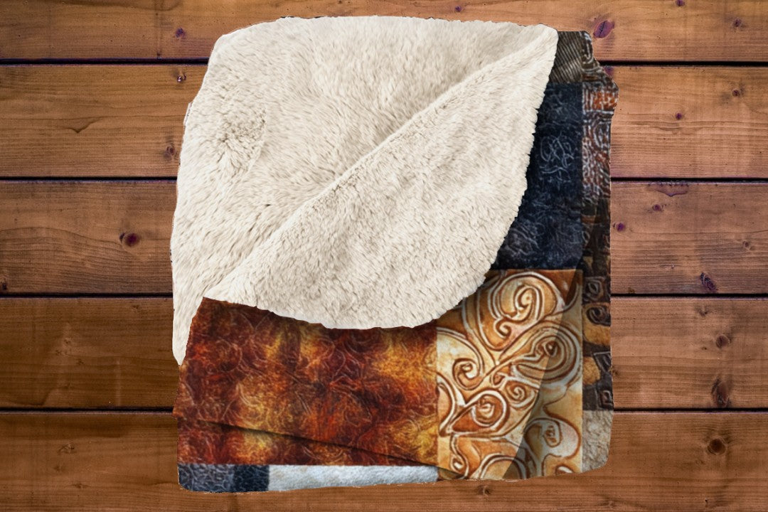 Patchwork Sherpa Throw Blanket Rustic Earth Tone Abstract Design