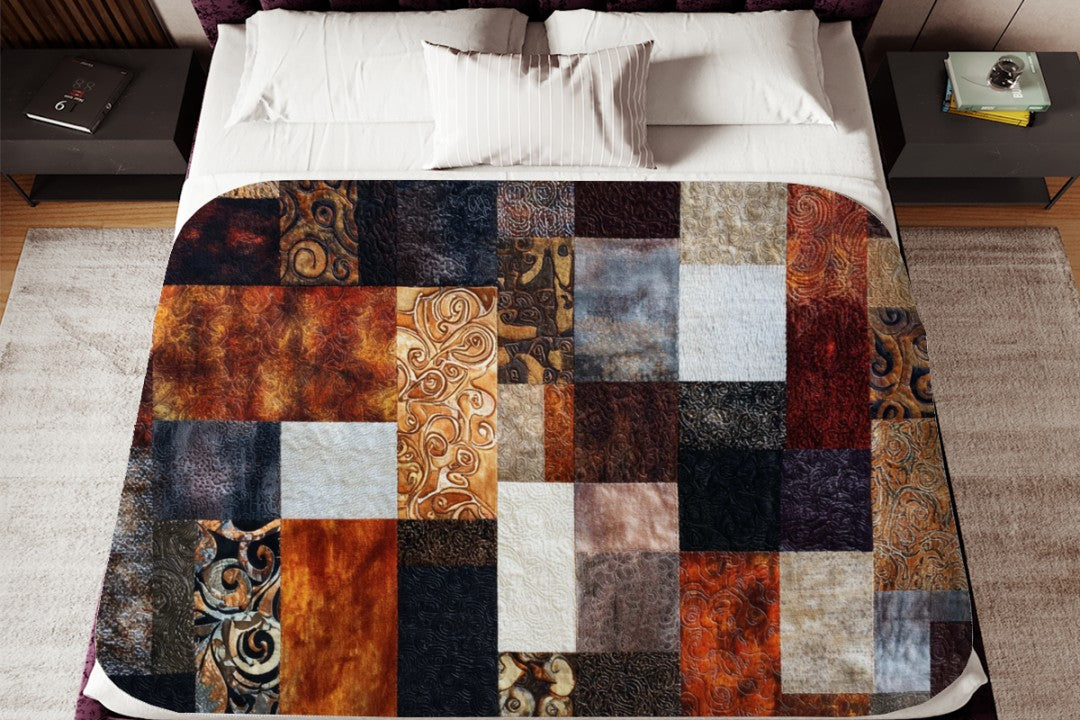 Patchwork Sherpa Throw Blanket Rustic Earth Tone Abstract Design