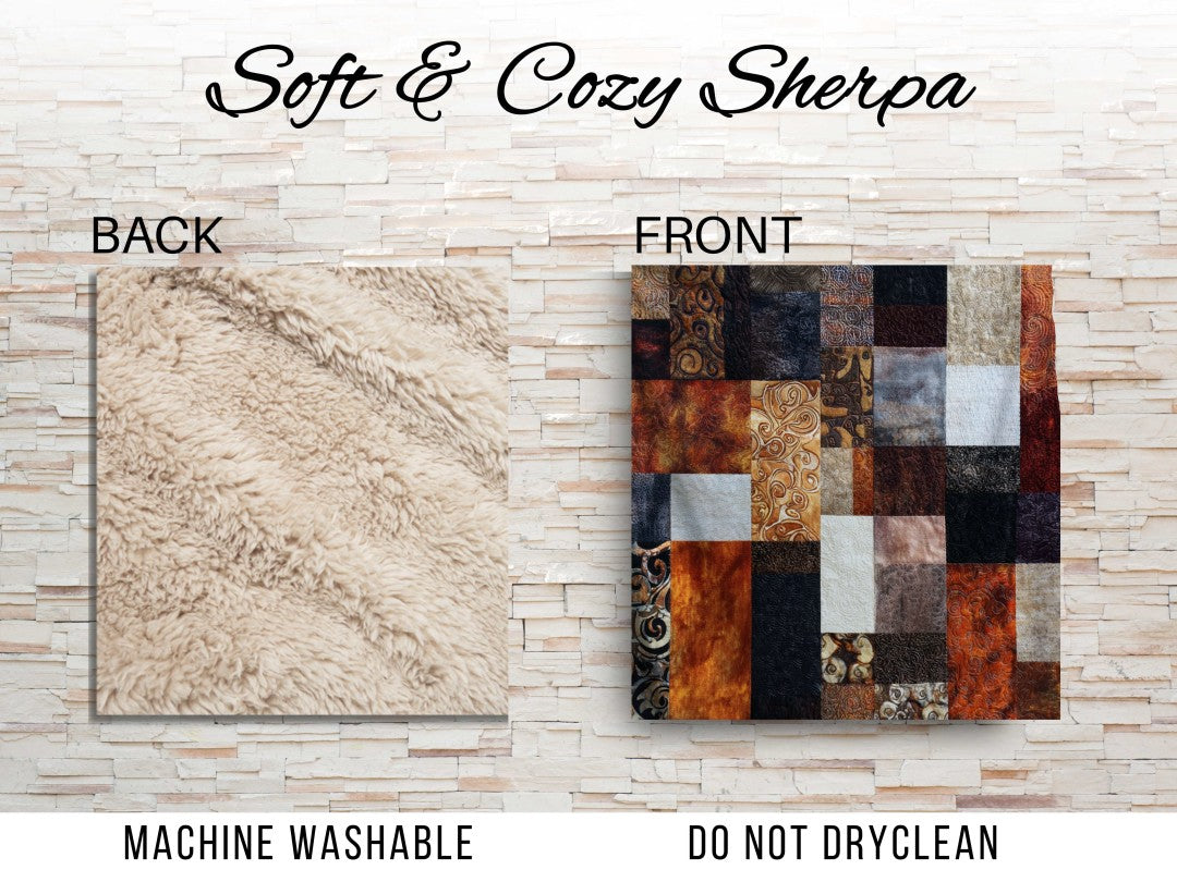 Patchwork Sherpa Throw Blanket Rustic Earth Tone Abstract Design