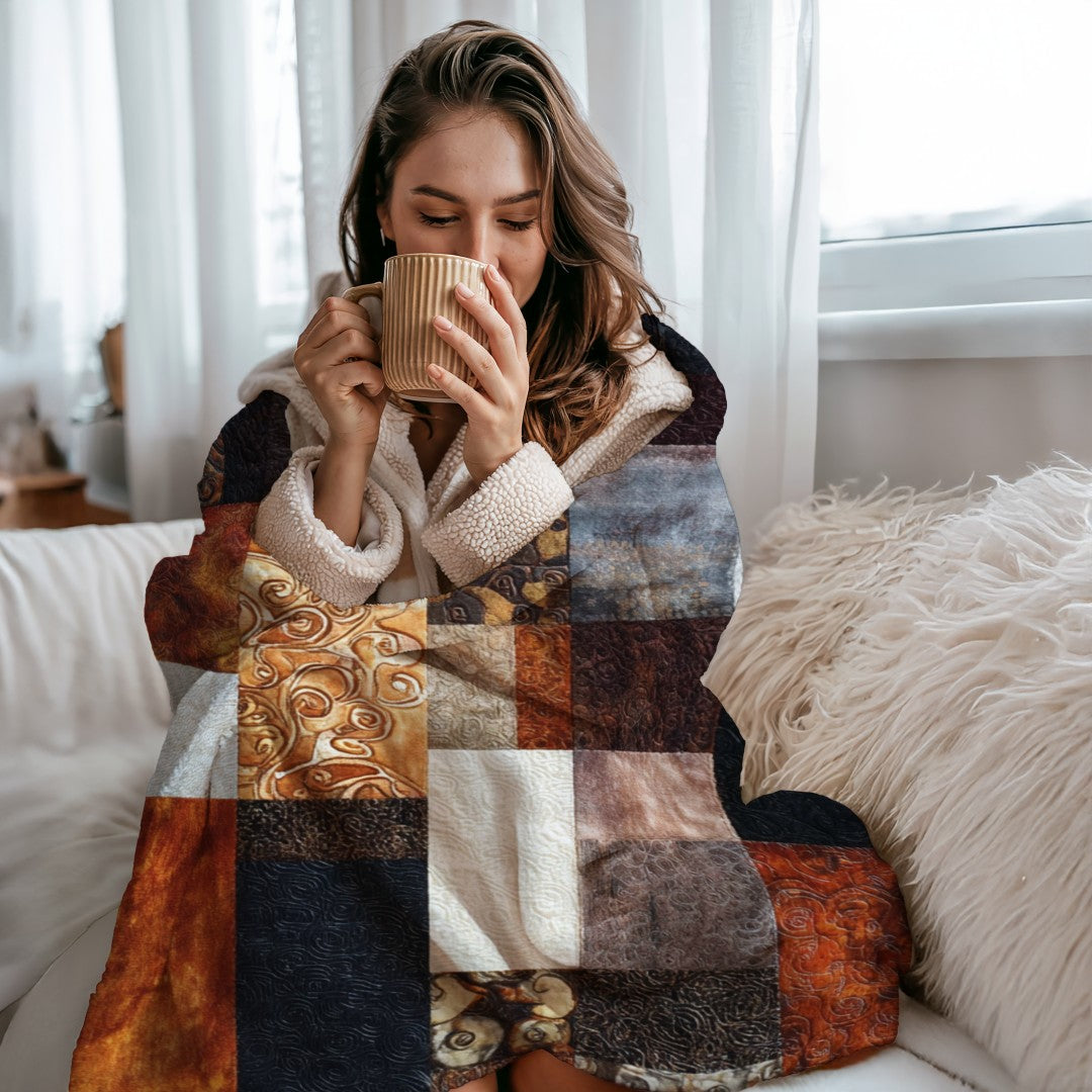 Patchwork Sherpa Throw Blanket Rustic Earth Tone Abstract Design