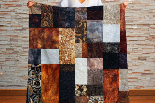 Patchwork Sherpa Throw Blanket Rustic Earth Tone Abstract Design