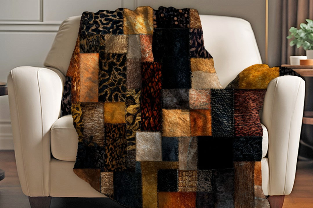 Safari Patchwork Sherpa Throw Blanket Earth Tones