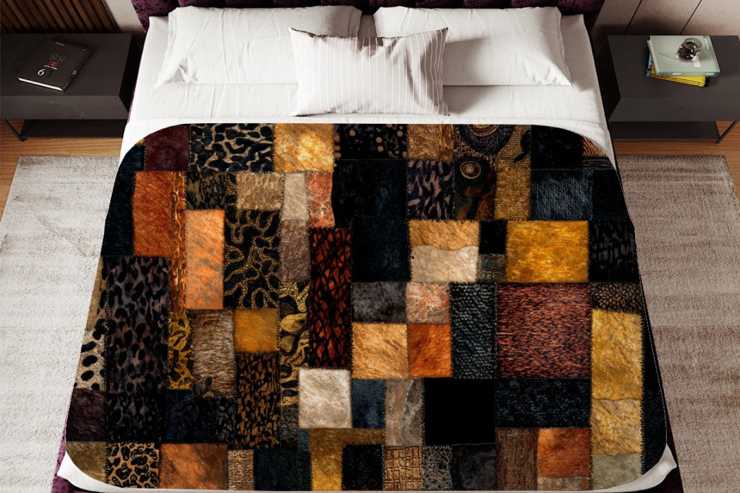 Safari Patchwork Sherpa Throw Blanket Earth Tones