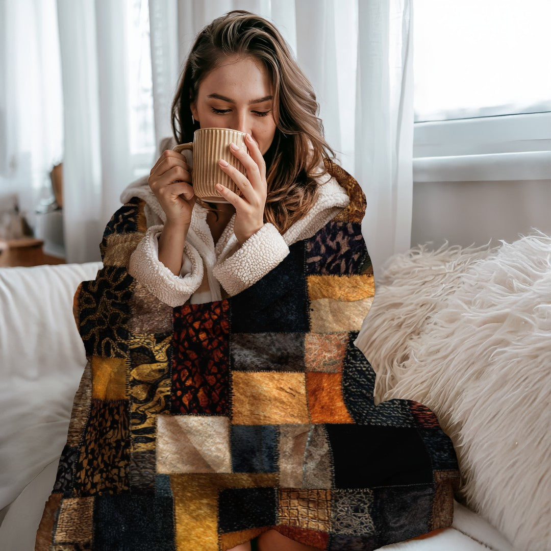 Safari Patchwork Sherpa Throw Blanket Earth Tones