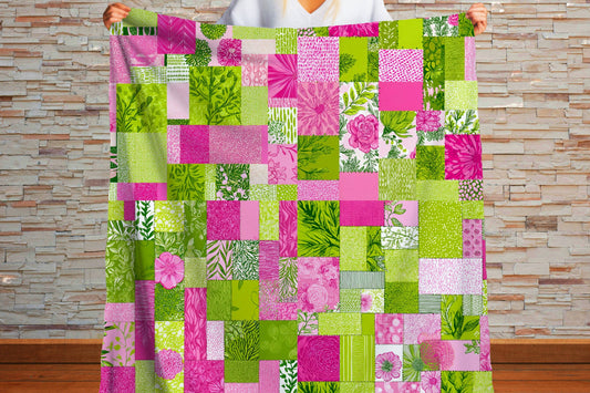 Pink Green Floral Patchwork Sherpa Throw Blanket