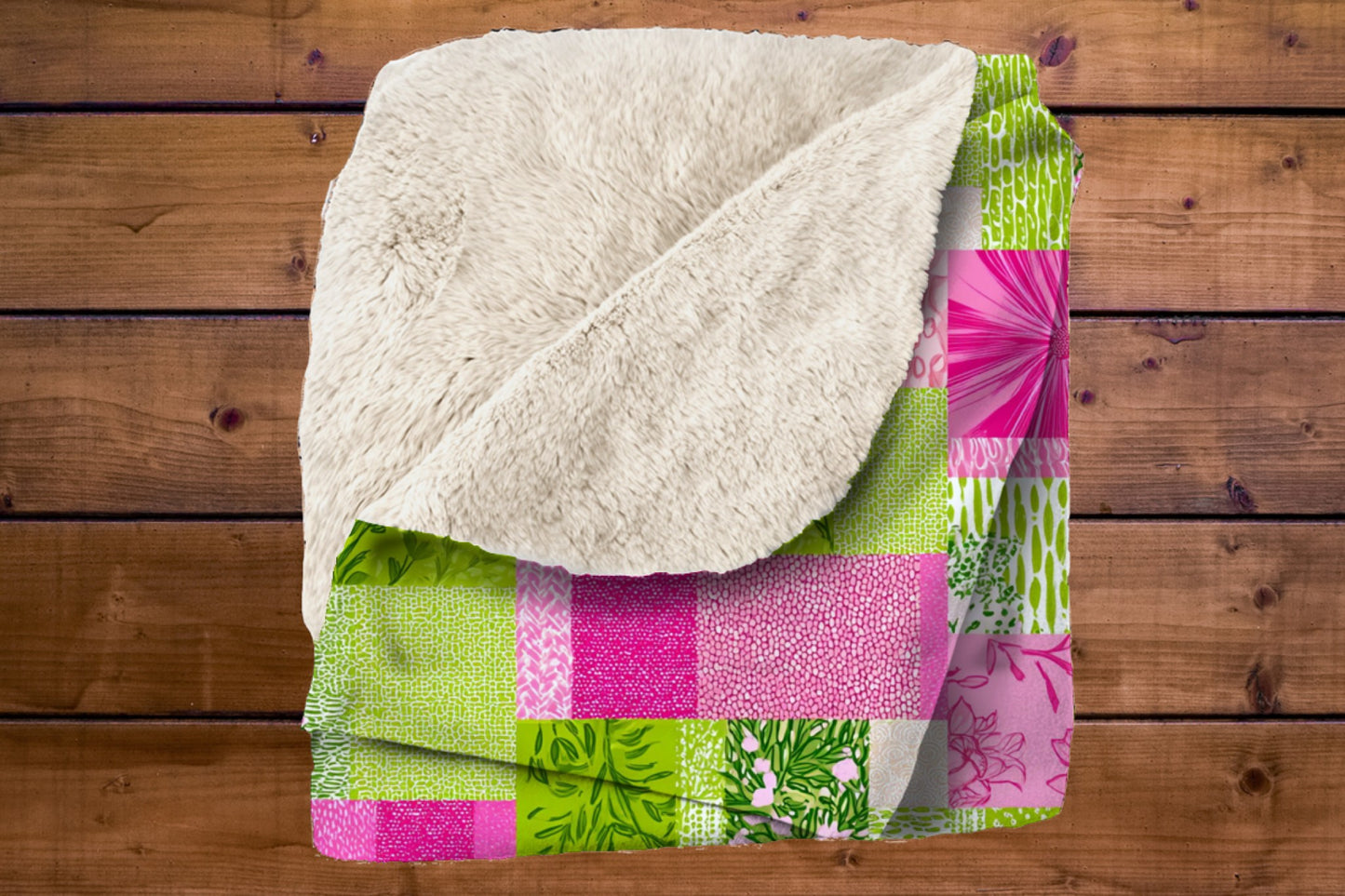 Pink Green Floral Patchwork Sherpa Throw Blanket