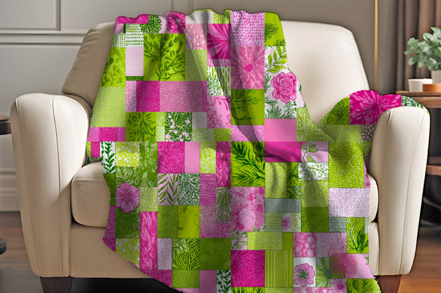 Pink Green Floral Patchwork Sherpa Throw Blanket