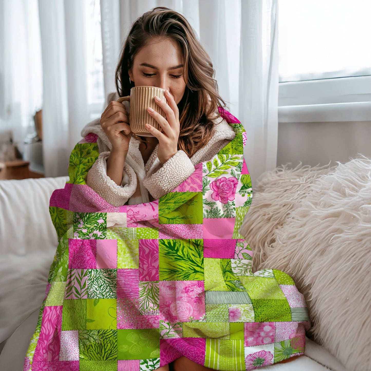Pink Green Floral Patchwork Sherpa Throw Blanket