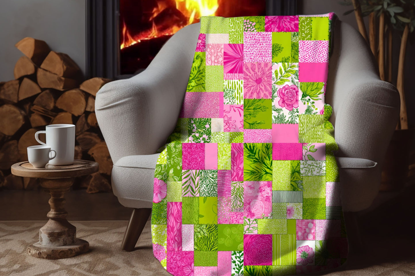 Pink Green Floral Patchwork Sherpa Throw Blanket