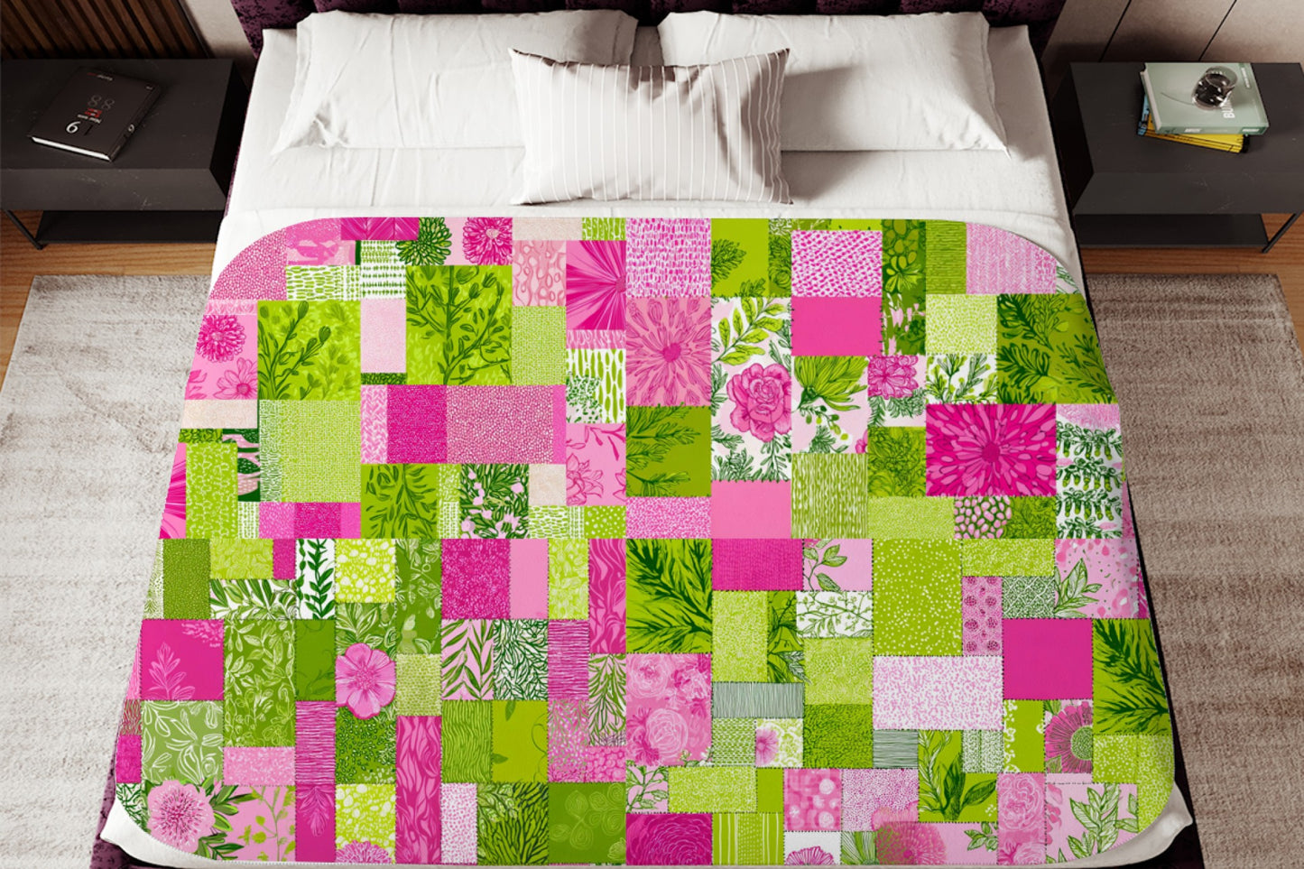 Pink Green Floral Patchwork Sherpa Throw Blanket