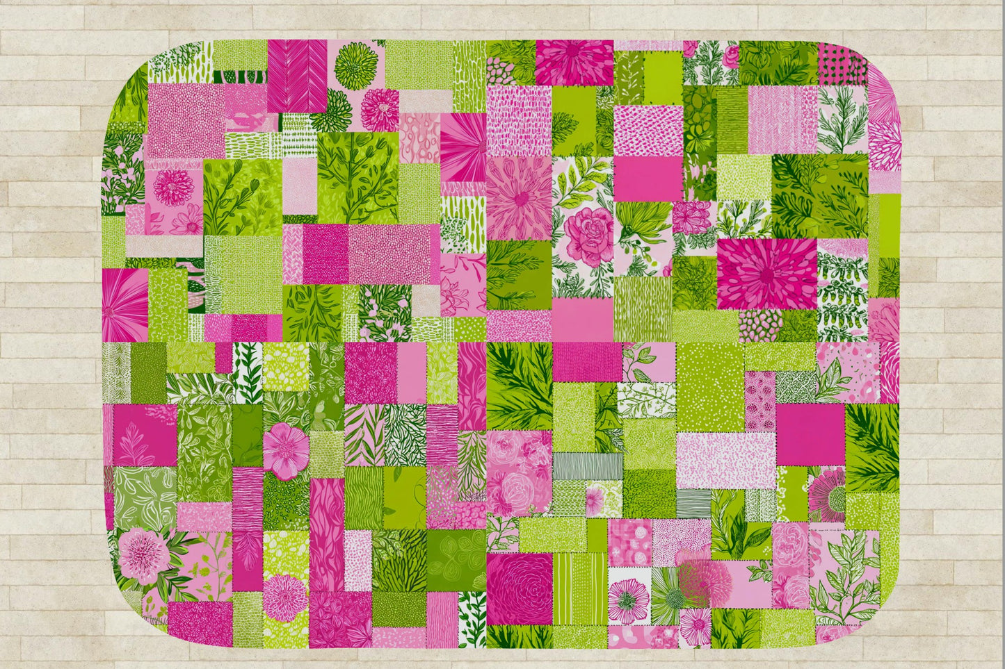 Pink Green Floral Patchwork Sherpa Throw Blanket