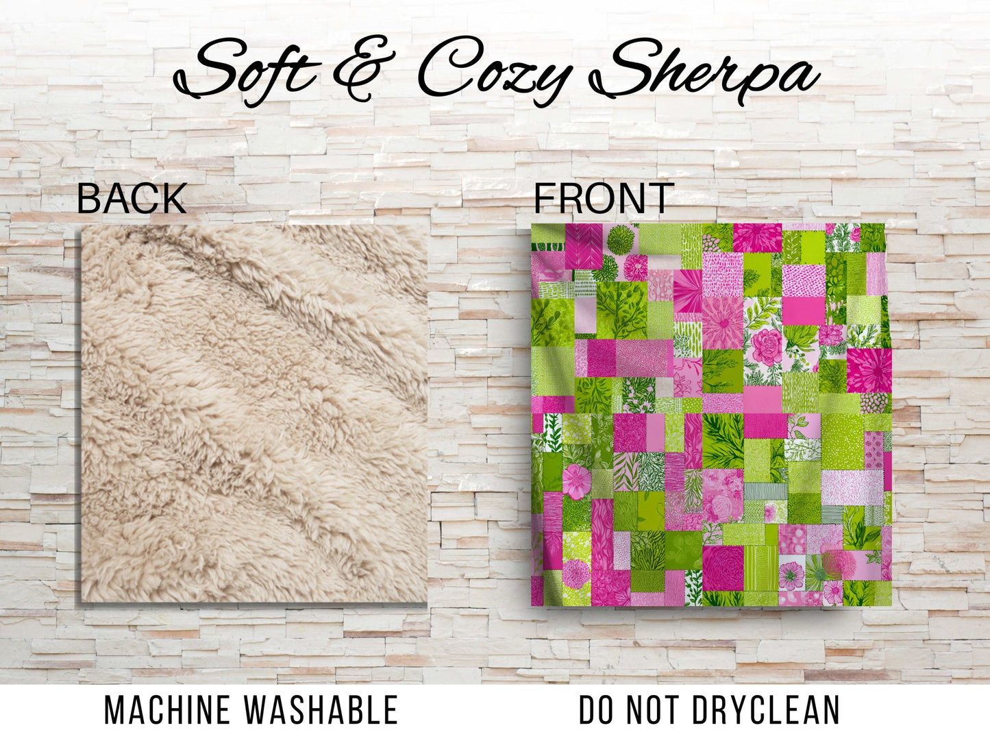 Pink Green Floral Patchwork Sherpa Throw Blanket