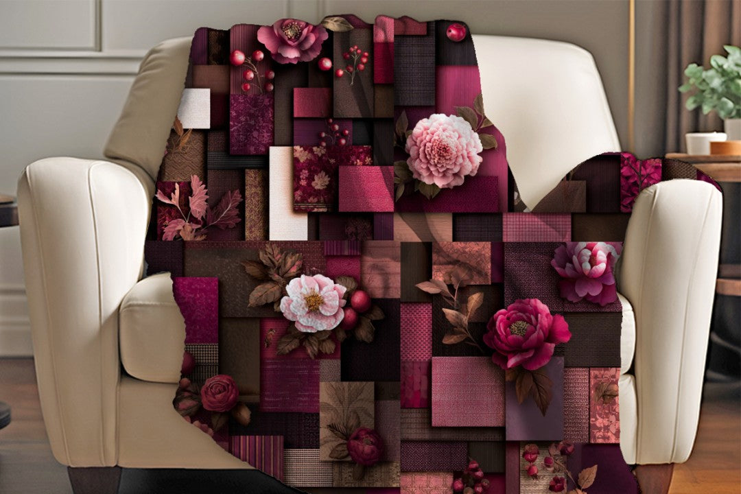 Burgundy Floral Patchwork Sherpa Throw Blanket
